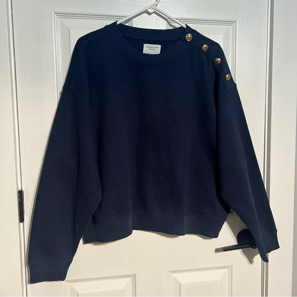 American Eagle Outfitters Navy Blue Button-Shoulder Sweatshirt